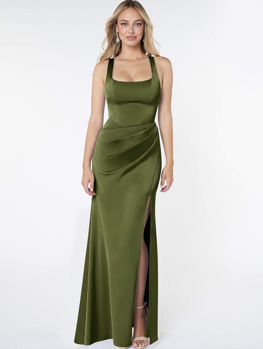 Azazie Mero Olive Green Satin Square Neck Slit Formal Gown Size 10 (A12)